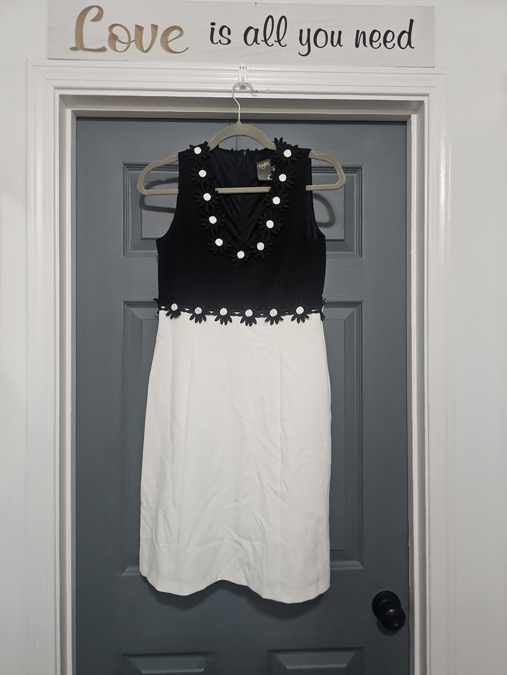 Taylor Black & White Floral-Appliqué Sheath Dress